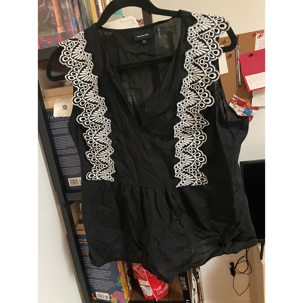 WHO WHAT WEAR Womens Black Embroidered Lace Trim Sleeveless Peplum Top‎ XL